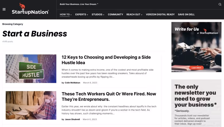 StartupNation website layout.