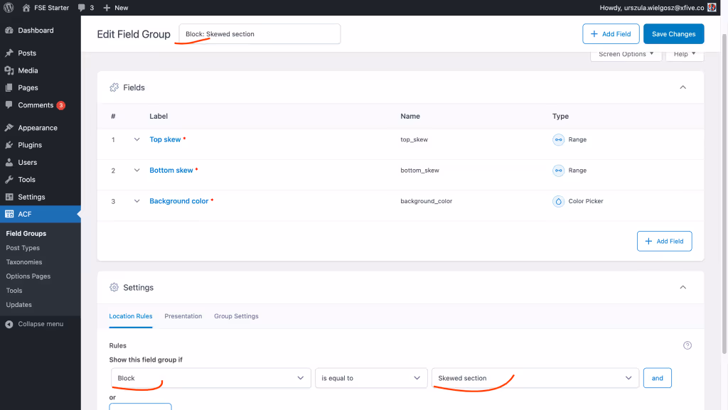 An image showing WordPress ACF admin section