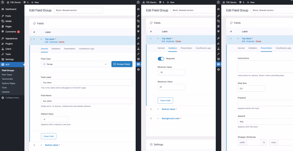 An image showing WordPress ACF settings section.