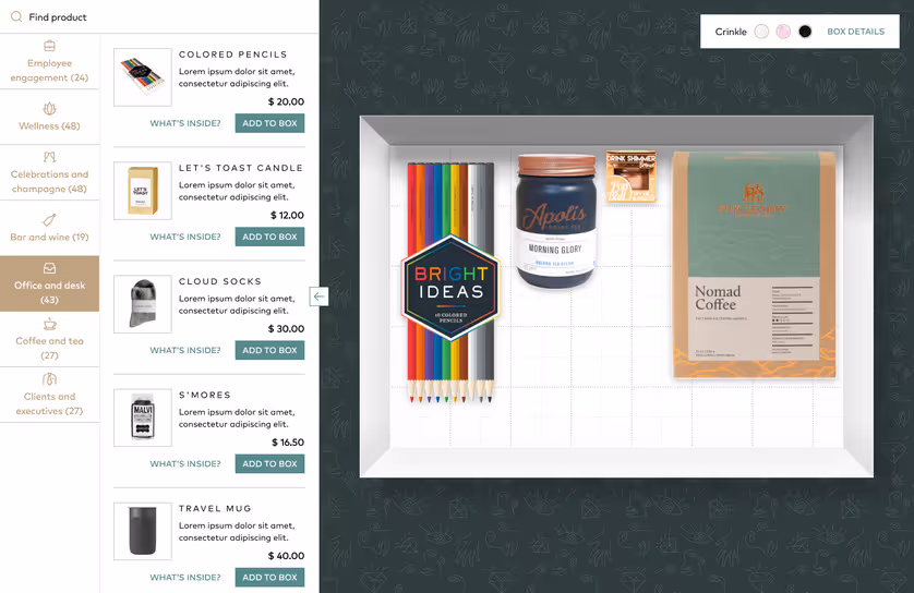 An image representing a custom gift box designer tool for Rare Assembly built in Custom Shopify and WordPress.