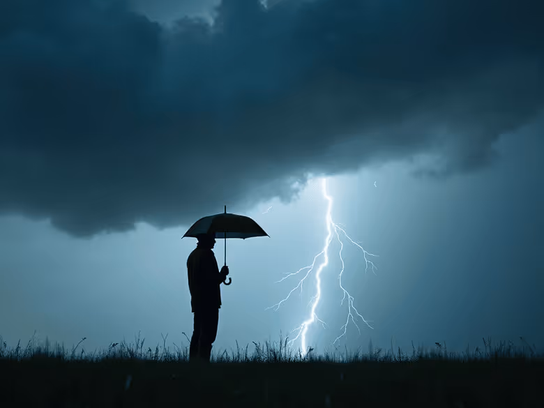 Man standing with umbrella lightning strike - a metaphore for the risk of use of artificial intelligence tools 