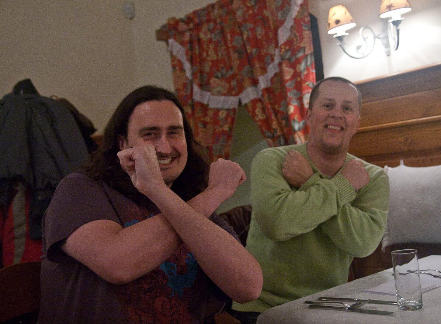 Dave and Stano doing X and looking into camera