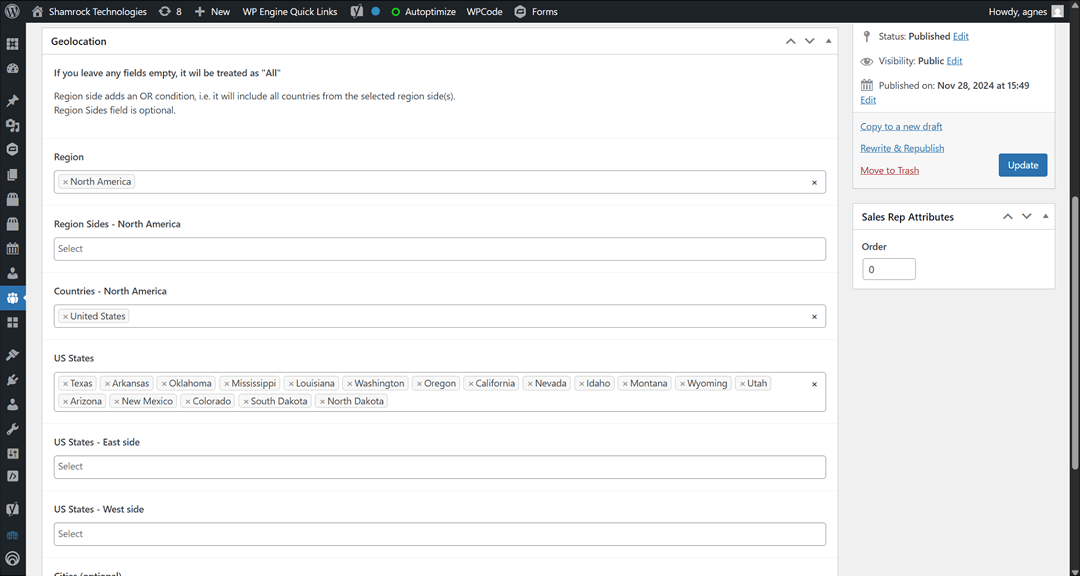 An image showing WordPress administration with custom post types blocks - region settings