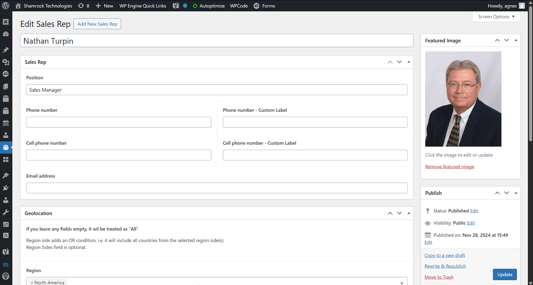 An image showing WordPress administration with custom post types blocks - sales representative