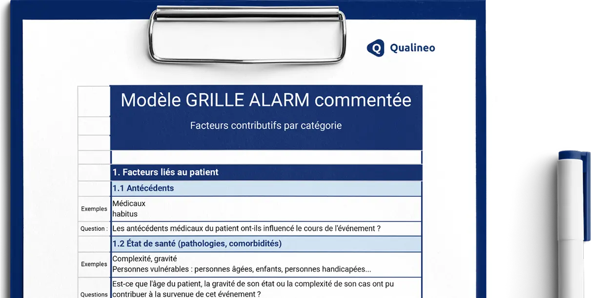 Grille PDF commentée : modèle ALARM avec exemples et questions pour analyser un événement indésirable – Qualineo