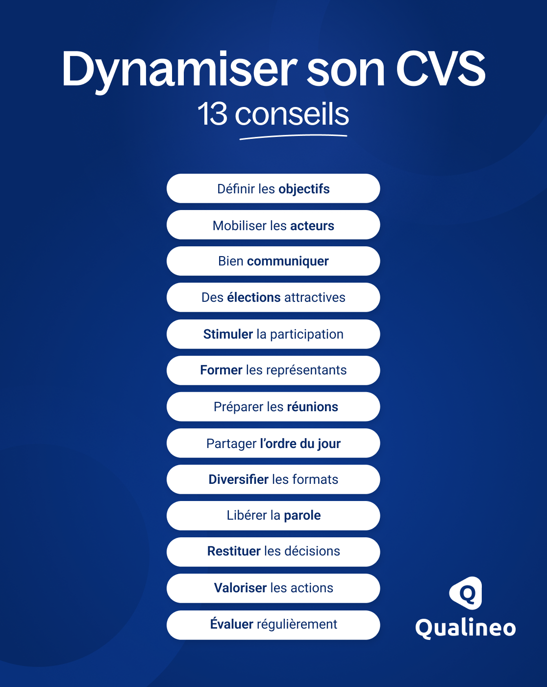 Infographie regroupant 13 conseils pour dynamiser son CVS.