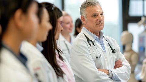 Groupe de professionnels de santé composé d’étudiants en médecine, réunis dans un environnement de formation. Au premier plan, un médecin d'âge mûr portant une blouse blanche et un stéthoscope autour du cou écoute attentivement.
