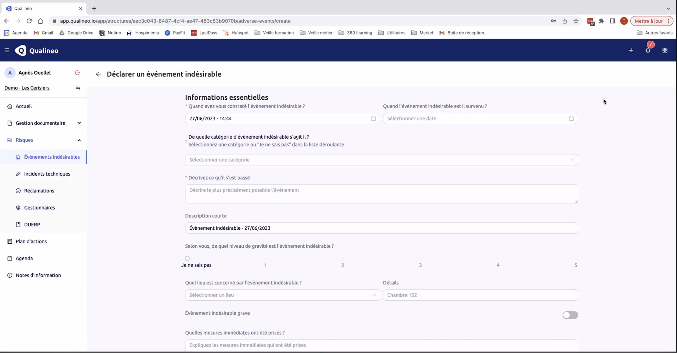 Capture d'écran outil Qualinéo pour déclarer un EI