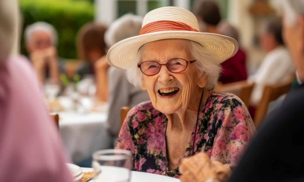 Une femme âgée souriante porte un chapeau et partage un moment convivial en extérieur.