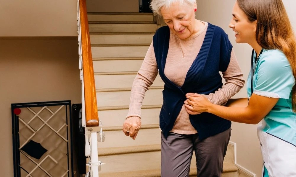 Une aide à domicile aide une personne âgée à descendre les marches d’un escalier d’immeuble.