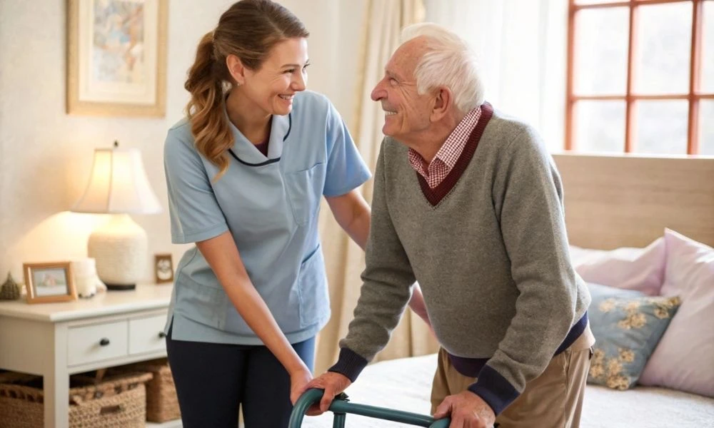 Une aide-soignante souriante accompagne un homme âgé avec un déambulateur dans une chambre chaleureuse.