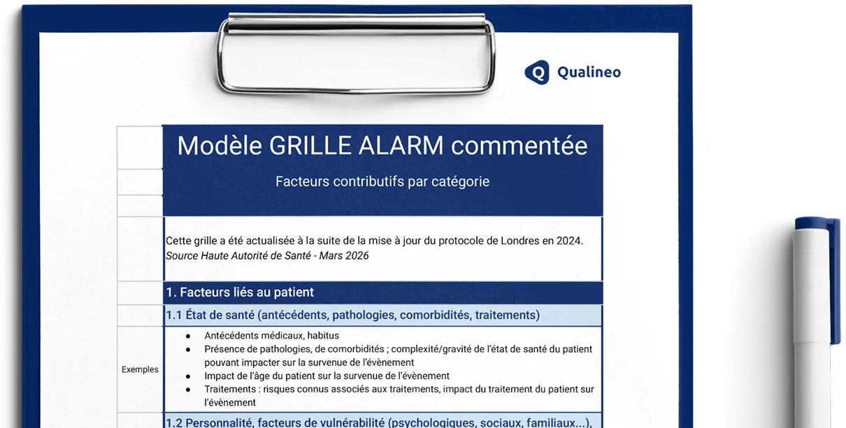 Grille PDF commentée : modèle ALARM avec exemples et questions pour analyser un événement indésirable – Qualineo