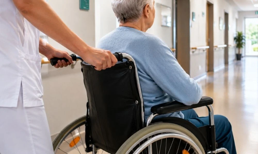 Un soignant pousse le fauteuil roulant d’un résident dans le couloir lumineux d’un EHPAD, illustrant une situation d’évacuation et d’accompagnement sécurisé.