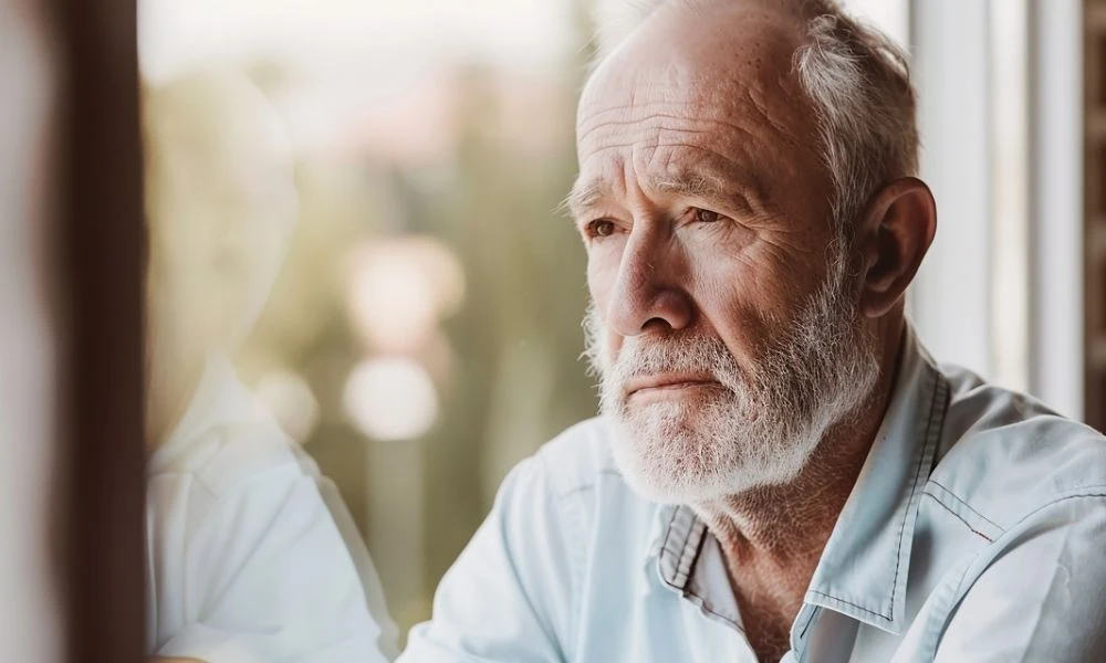 Un homme âgé regarde pensivement par la fenêtre.