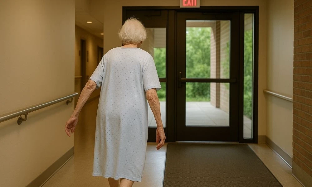 Une dame âgée, vêtue d'une chemise de nuit, marche dans un couloir d’Ehpad vers une porte vitrée avec un panneau "EXIT" au-dessus de la porte.