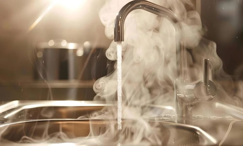 Un robinet laisse couler de l’eau bouillante dans un évier, dégageant beaucoup de vapeur.