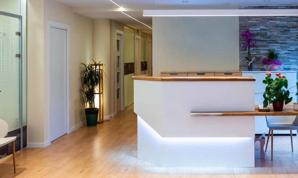 Accueil moderne et lumineux d’un établissement médico-social, avec comptoir en bois et plantes décoratives.