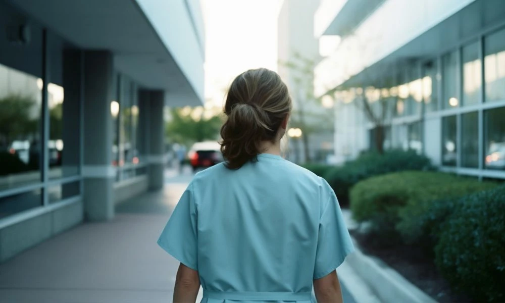 Cette photo montre une professionnelle de santé, vêtue d'une blouse médicale bleue, elle marche dans une allée extérieure située entre deux bâtiments d’hôpital.