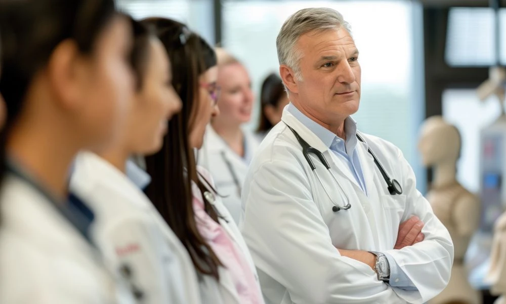 Groupe de professionnels de santé composé d’étudiants en médecine, réunis dans un environnement de formation. Au premier plan, un médecin d'âge mûr portant une blouse blanche et un stéthoscope autour du cou écoute attentivement.