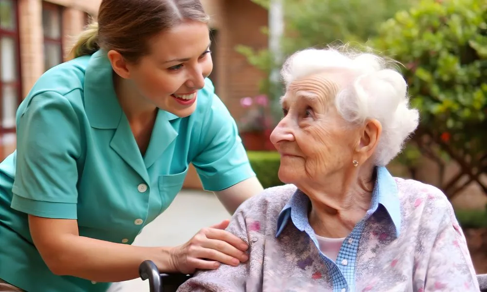 Une soignante souriante interagit chaleureusement avec une femme âgée assise en fauteuil roulant, créant un moment de complicité.