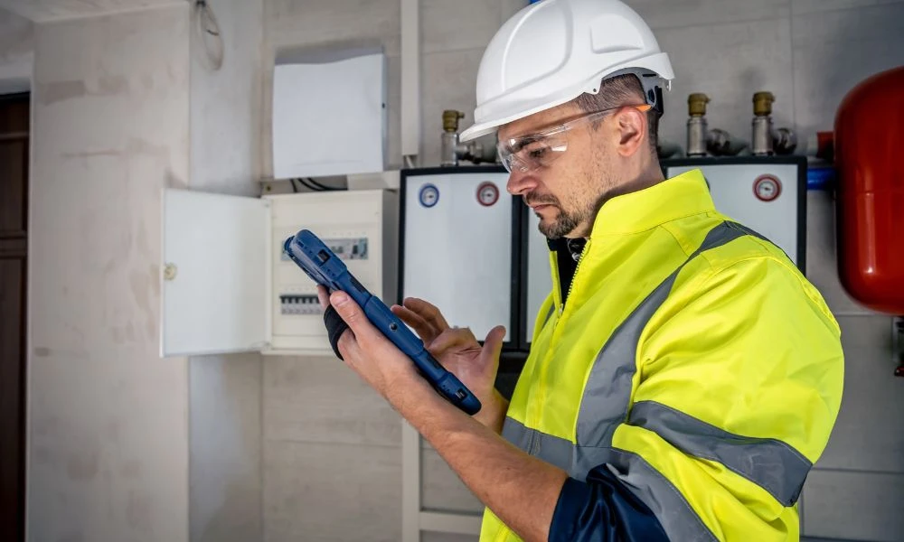 Un homme portant un casque de sécurité blanc et un gilet de sécurité jaune haute visibilité effectuant une inspection. Il regarde une tablette qu'il tient dans ses mains.