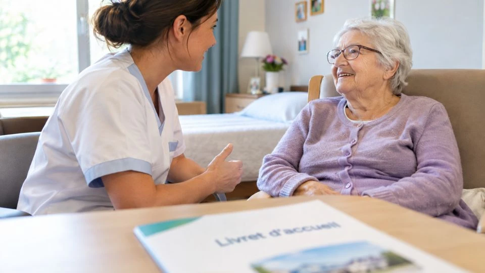 Un soignant échange avec une résidente assise dans sa chambre en Ehpad et au premier plan le livret d'accueil posé sur la table.