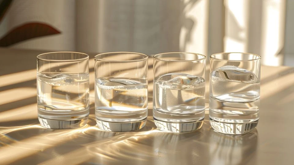 Quatre verres d’eau sont posés sur une table baignée de lumière.