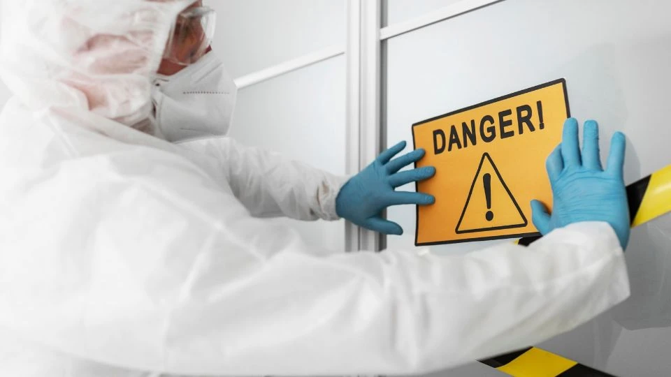 Une personne en combinaison de protection place un panneau « Danger » sur une porte sécurisée.