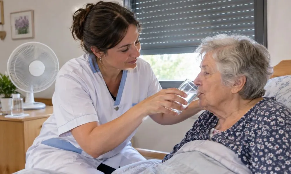 Une soignante aide une résidente âgée alitée à boire un verre d’eau, dans une chambre équipée d’un ventilateur, volets à demi baissés.