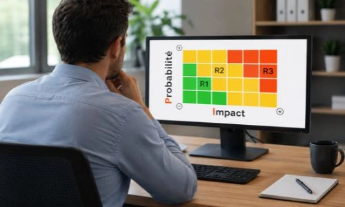 Un professionnel analyse une matrice des risques sur son écran.