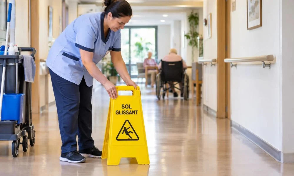 Un agent d’entretien pose un panneau jaune « sol glissant » dans le couloir d’un Ehpad.