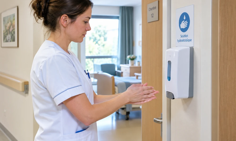 Une infirmière en tunique à manches courtes se frictionne les mains avec du produit hydroalcoolique, au distributeur mural à l’entrée d’une chambre.