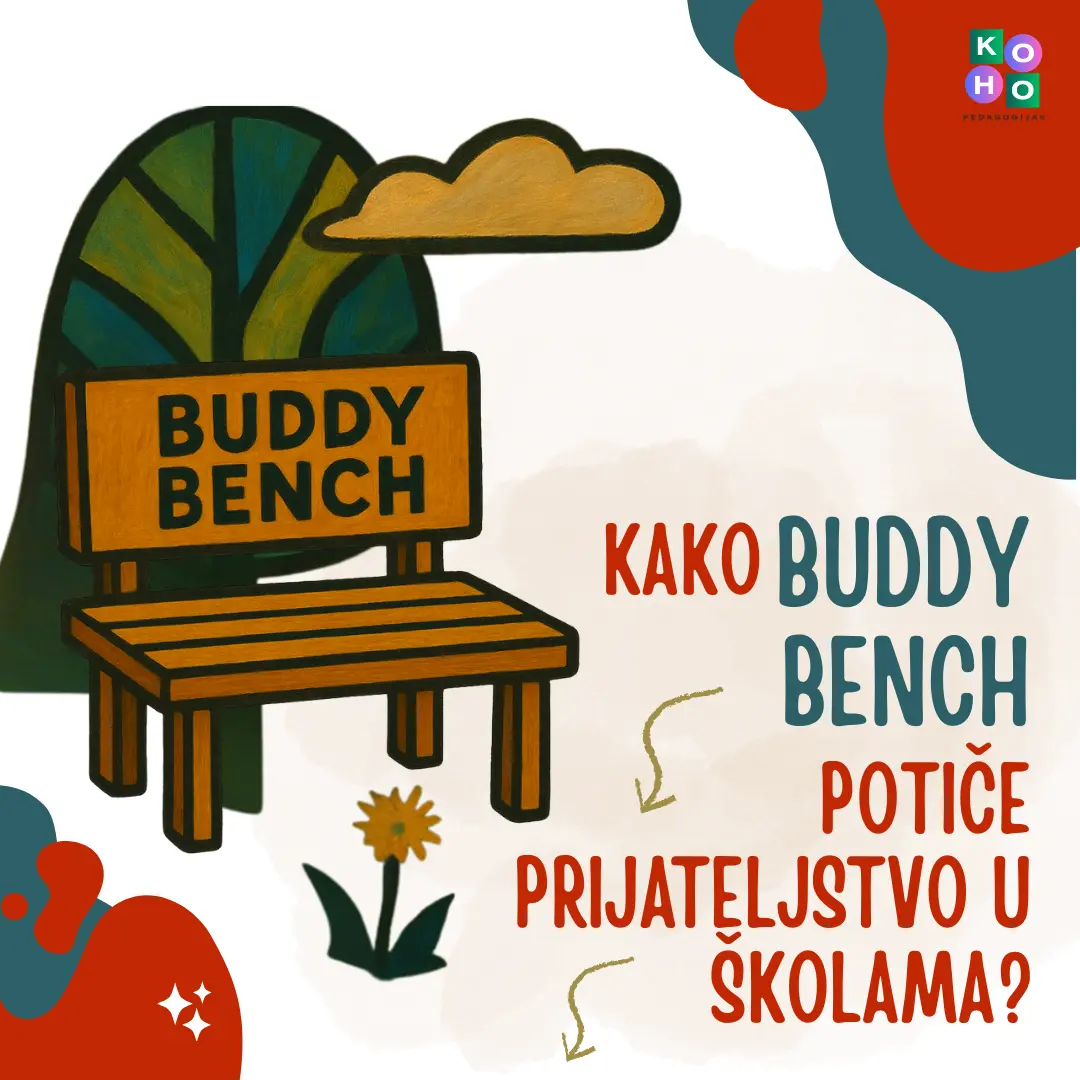 Ilustracija Buddy Bench klupe, simbol inkluzije i prijateljstva među djecom