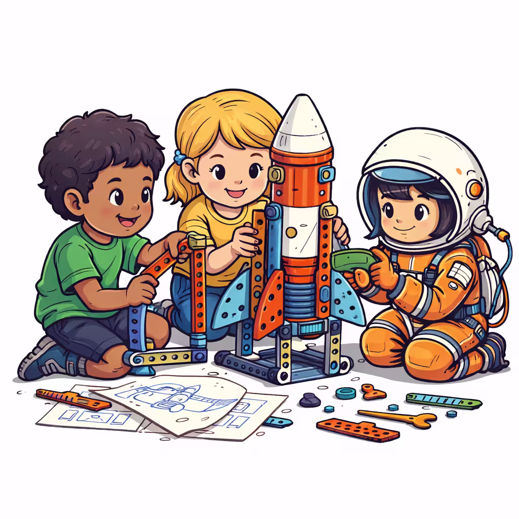 Ilustracija djece koja grade raketu.