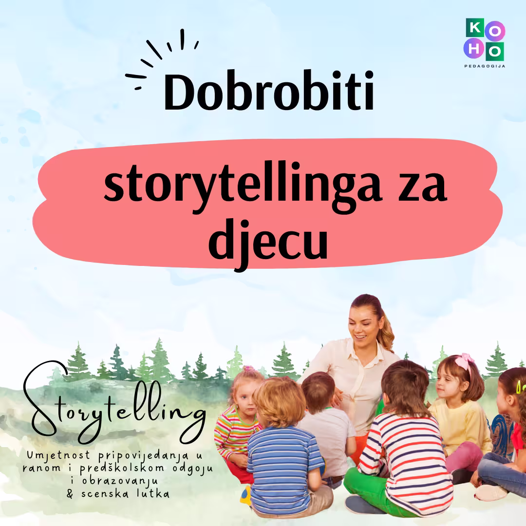 Odgojiteljica okružena djecom, sjede na podu i priča im priču.