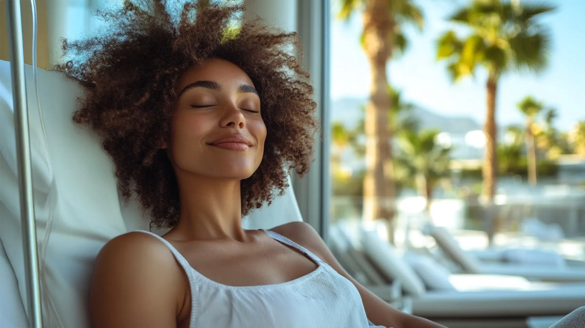 Patient experiencing Stress Reset treatment listening to Limitless Guided Visualizations App at BioReset Medical in a relaxing environment.