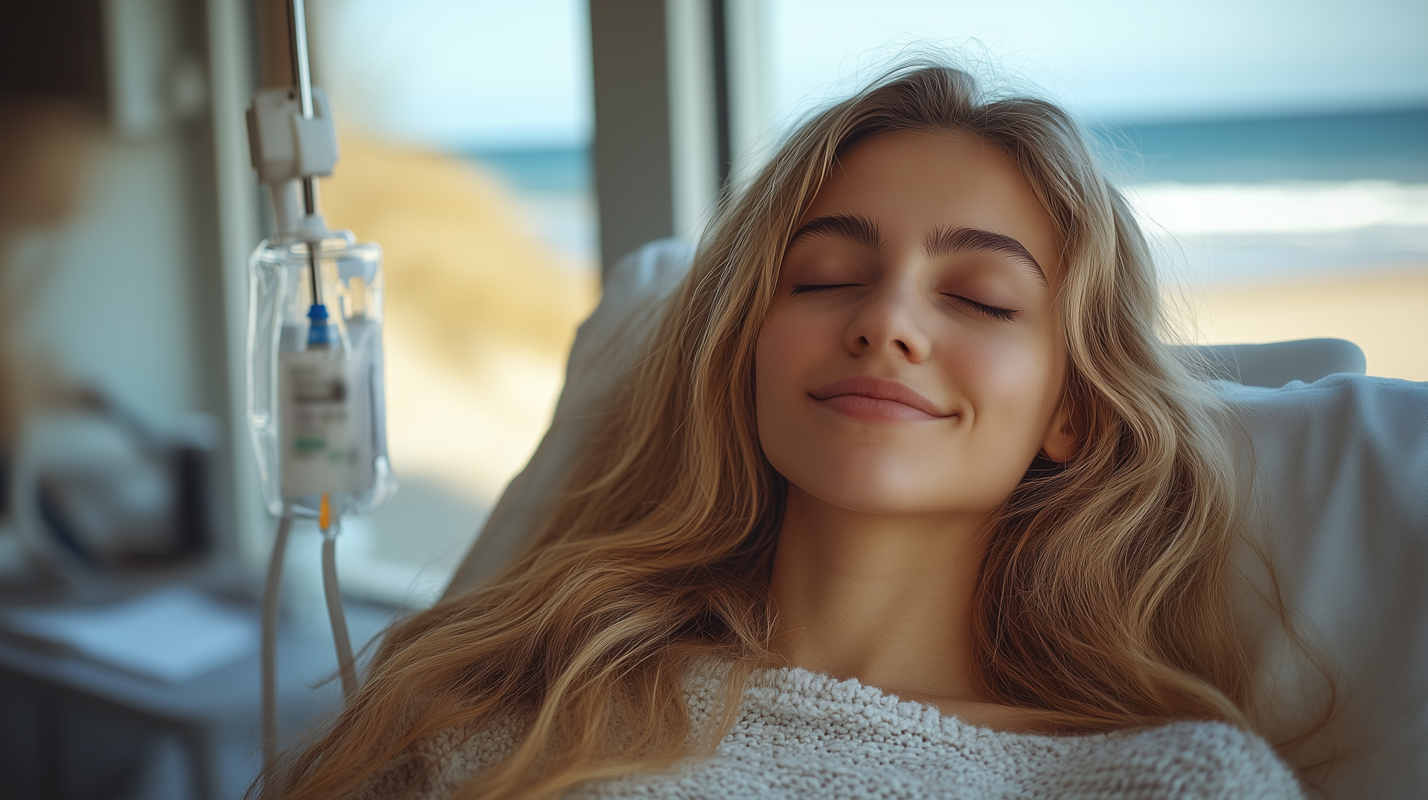 Woman with blonde hair relaxing  during a BioReset Ketamine therapy session.