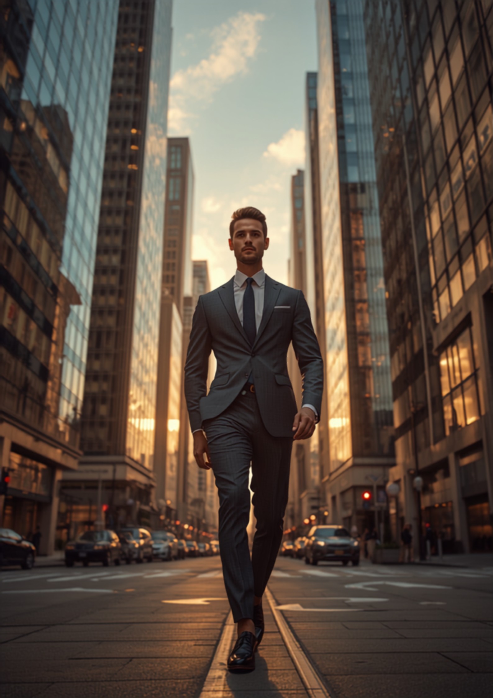 Stylish professional in a modern metropolis business district at golden hour