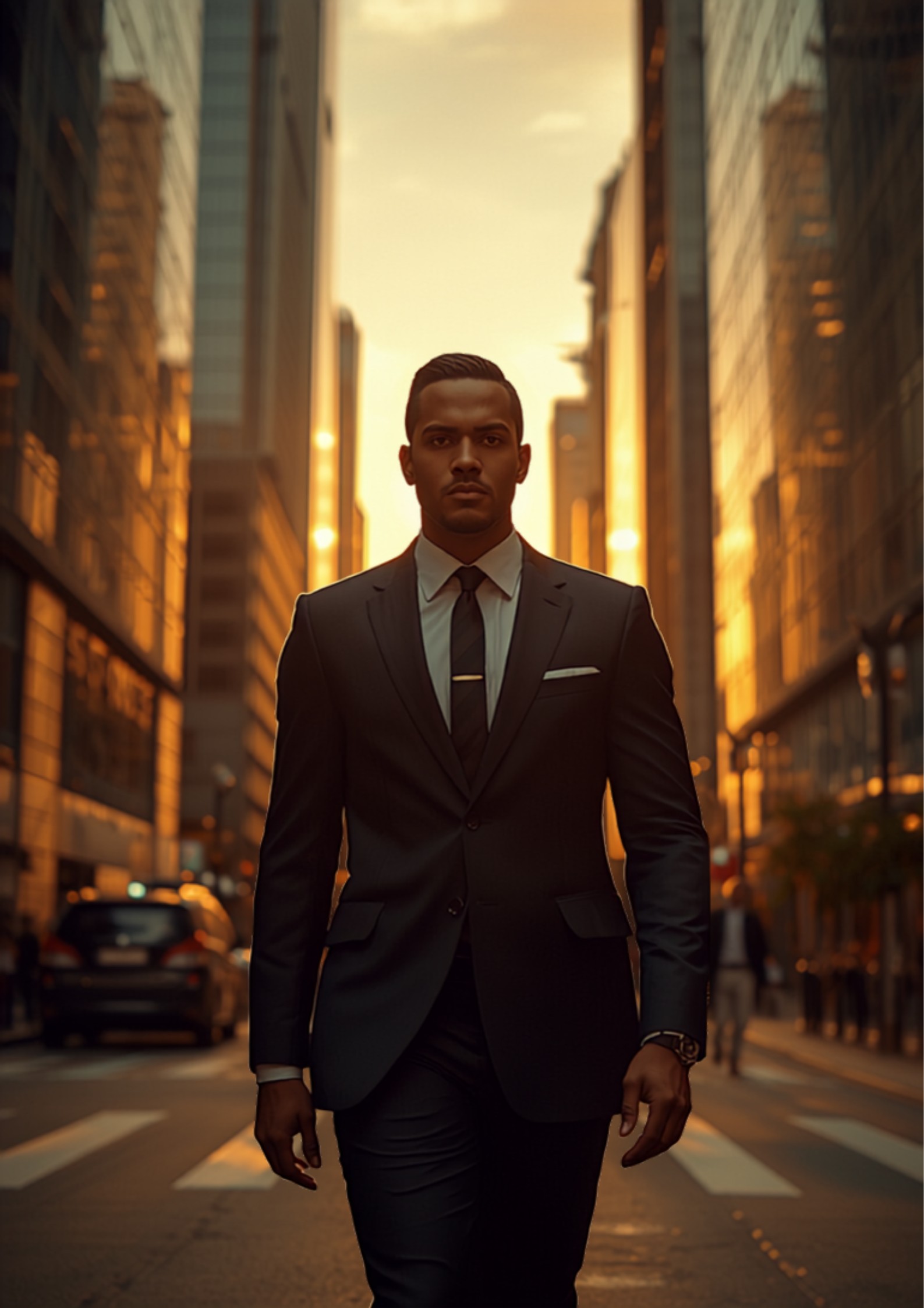 Modern metropolis skyline at golden hour with a business professional