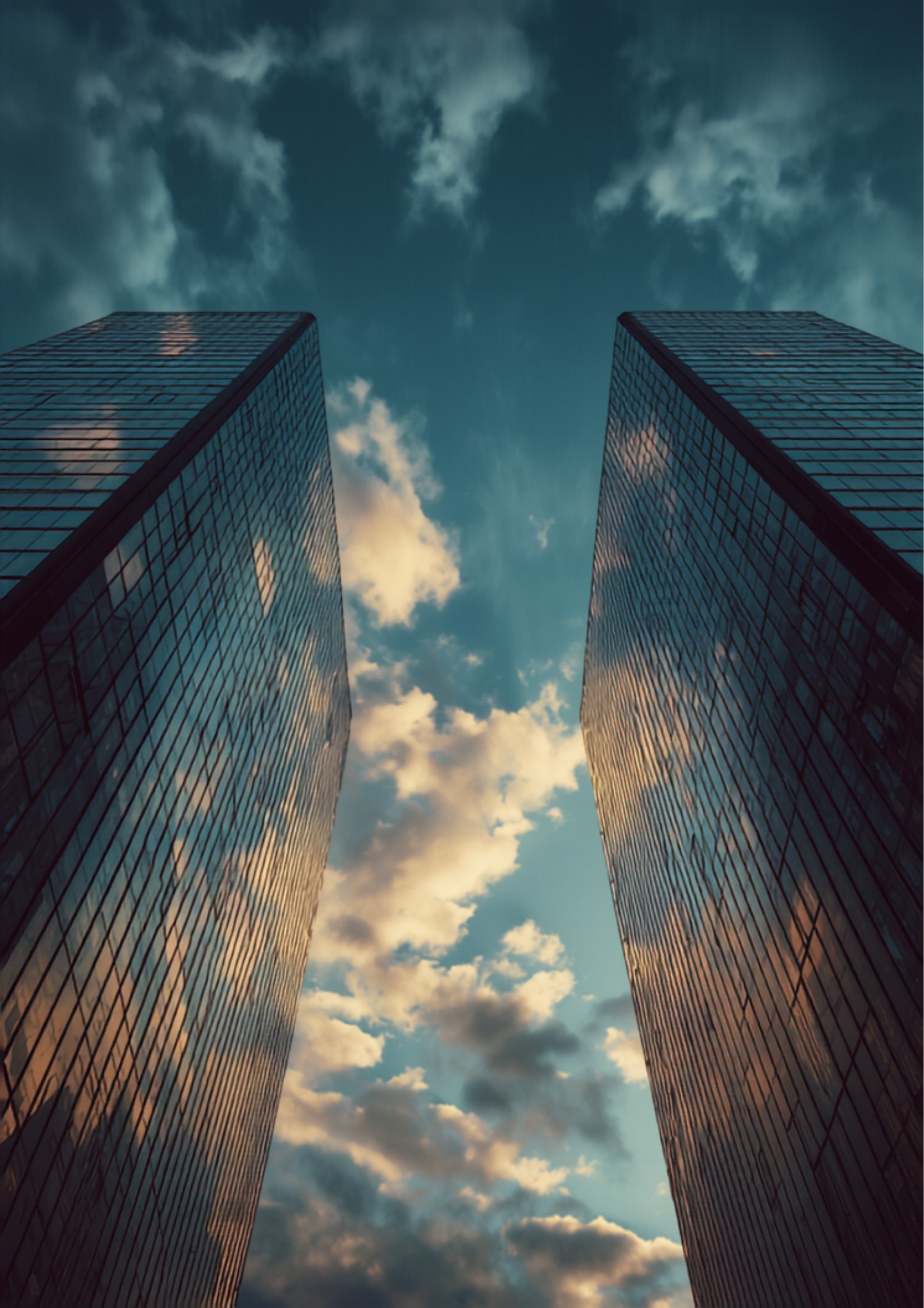 Two towering glass skyscrapers facing each other in a financial district