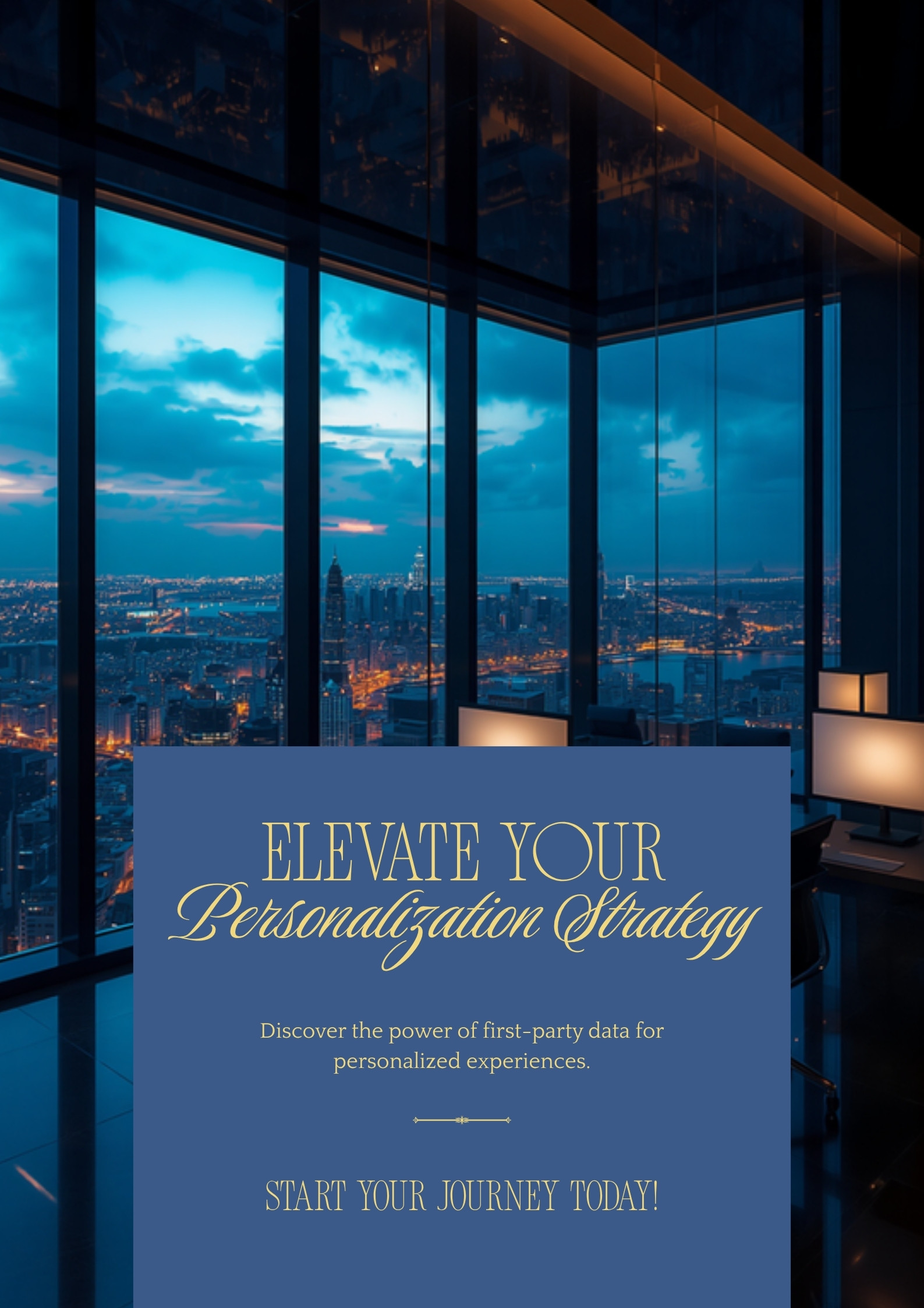 Sleek high-rise office with floor-to-ceiling windows overlooking a metropolis at blue hour