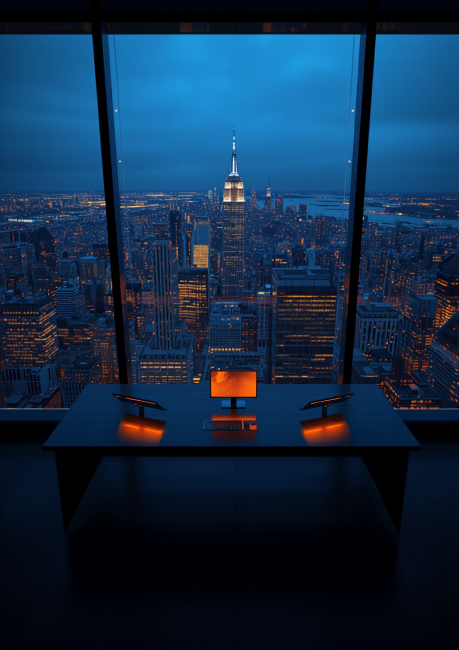 Elegant minimalist corporate office interior with city skyline view
