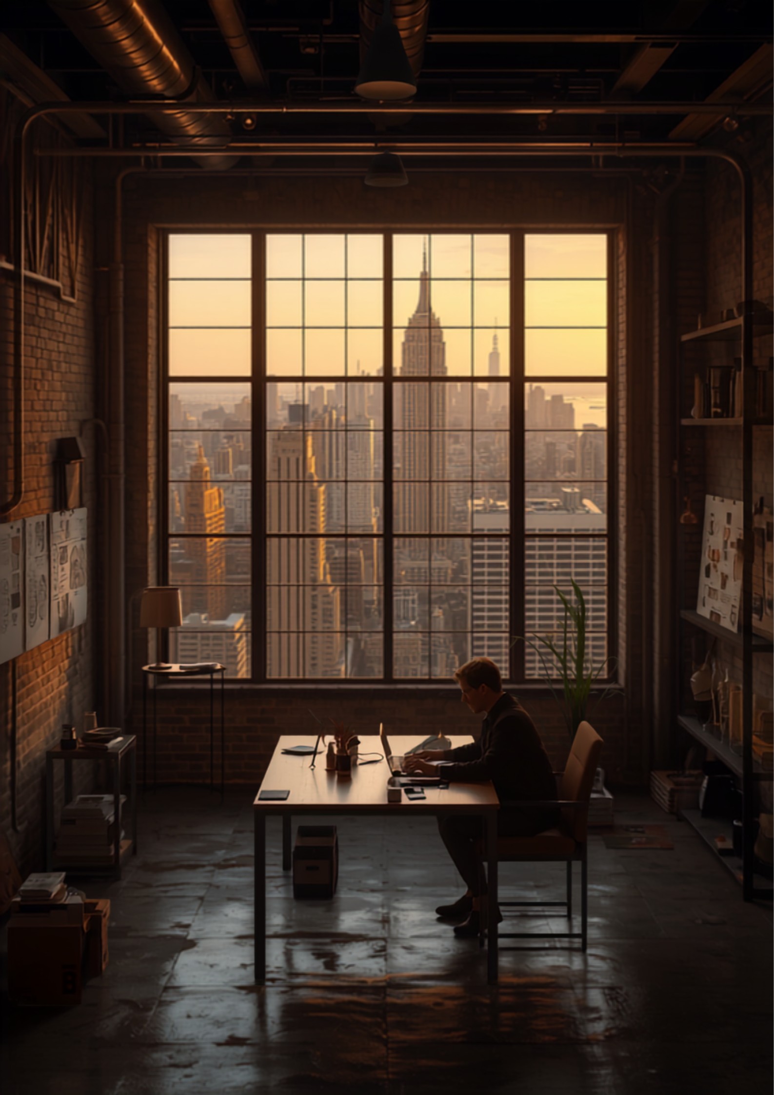 Stylish creative studio loft in a converted industrial building with city skyline view