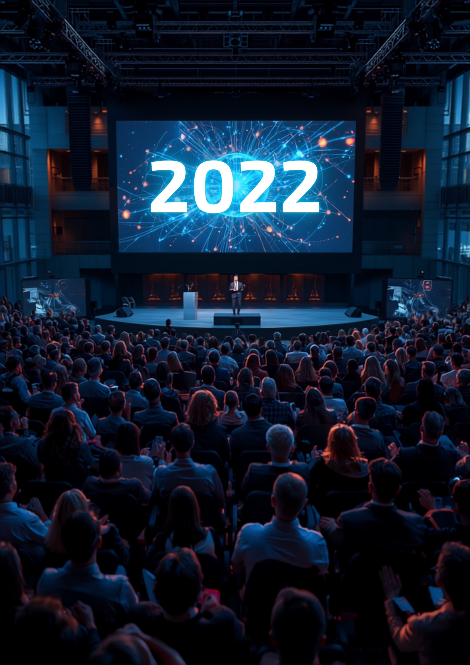 AI expo keynote hall with neural-network visuals on a large screen