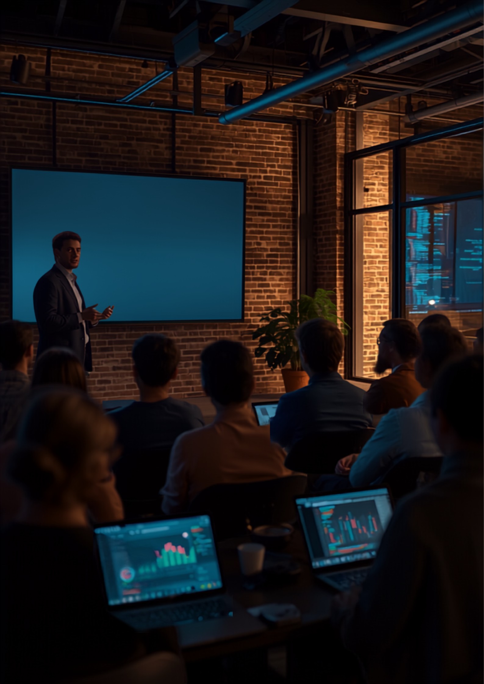 Data science and machine learning community meetup with a speaker and laptops
