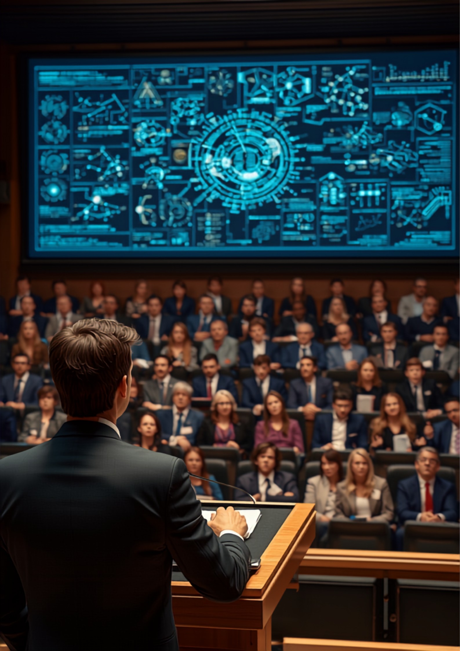 Academic AI research conference with a researcher presenting at a lectern