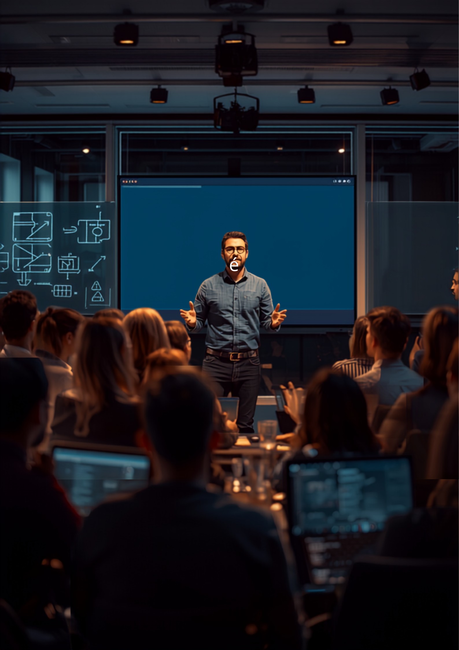 Software developer meetup with a speaker presenting code on a screen