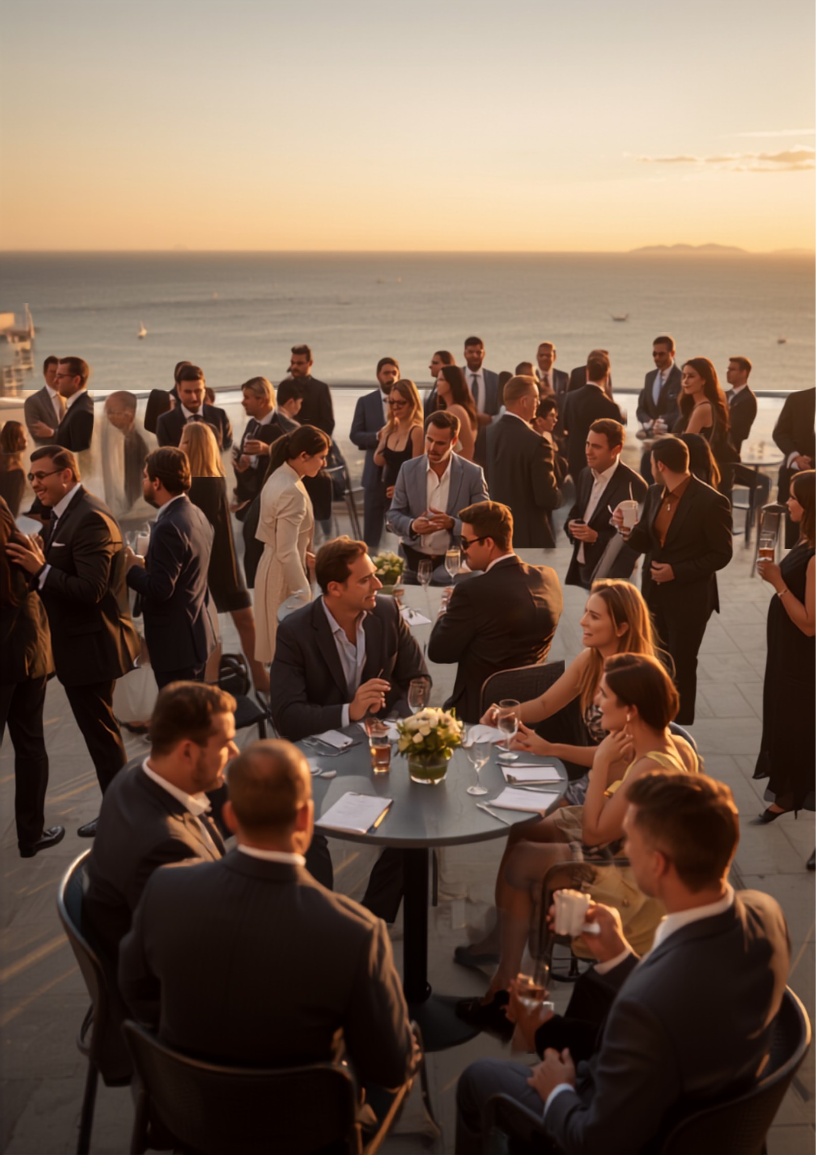 Business professionals networking at a Mediterranean rooftop event at sunset