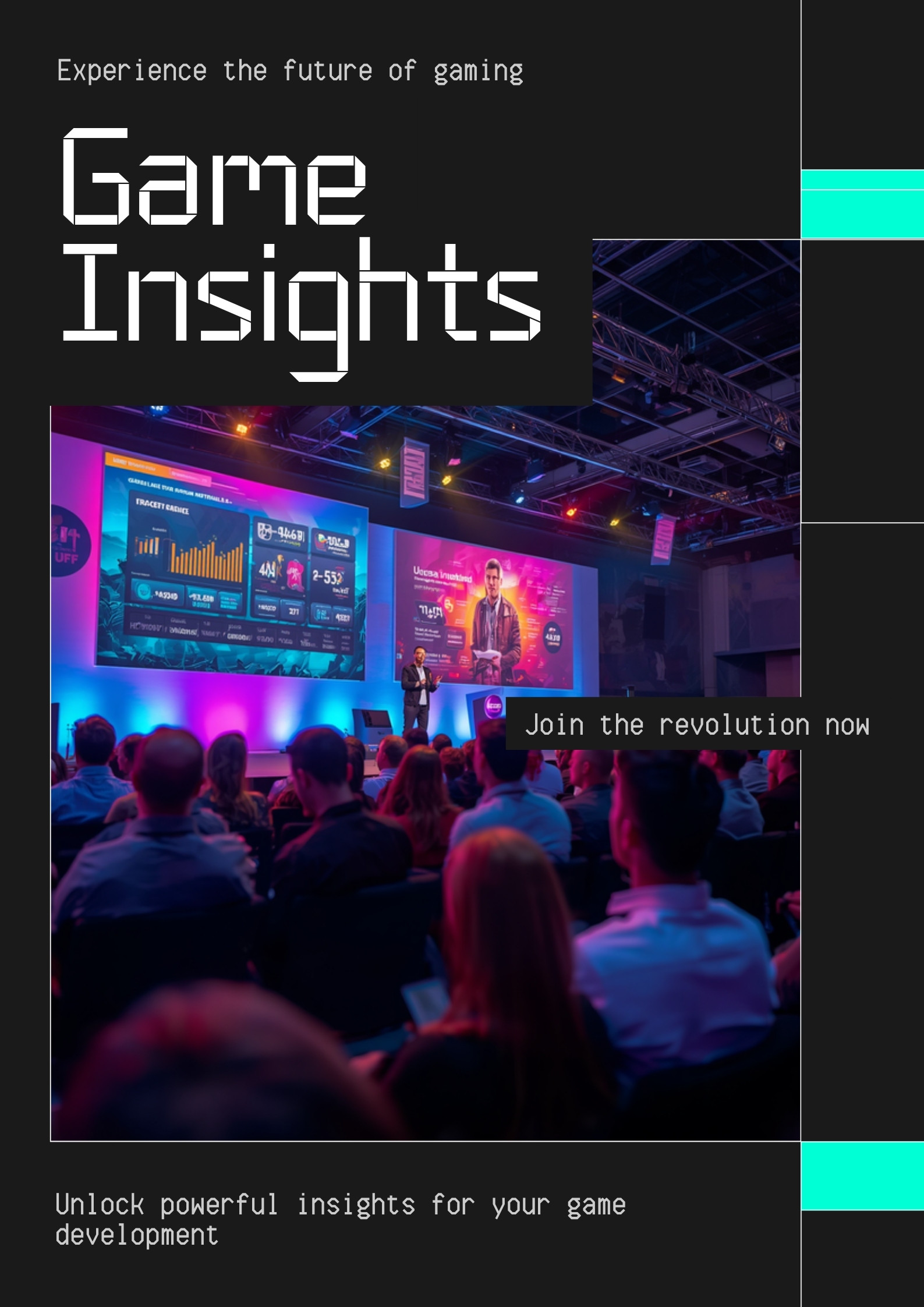 Mobile gaming industry conference with analytics on stage and colorful lighting