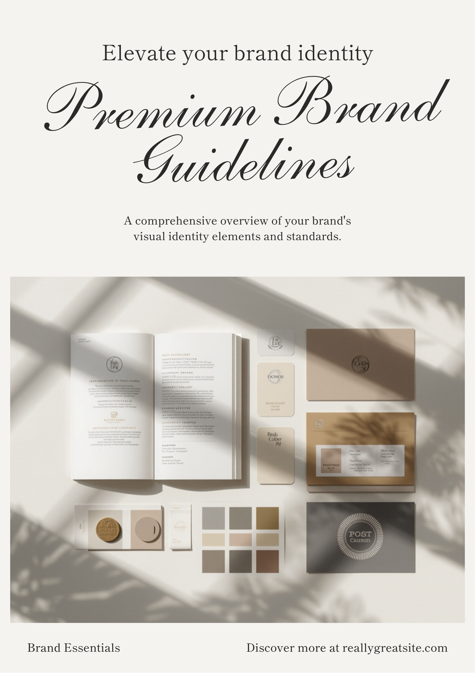Premium brand identity flat lay with guidelines, swatches and logo marks